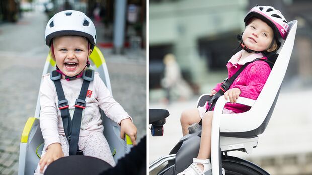 Kindertransport Fahrrad I Kindersitz I Zwei Kleinkinder im Kindersitz 
