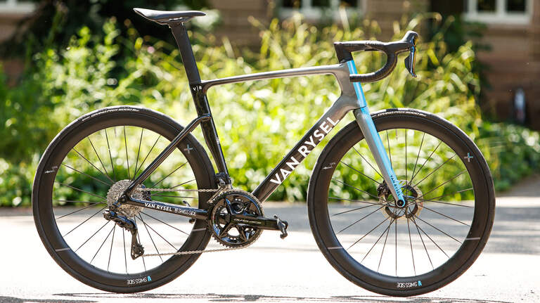 Van Rysel RCR Pro Dura-Ace Di2,Rennrad,Roadbike,vor Gebüsch in der Sonne